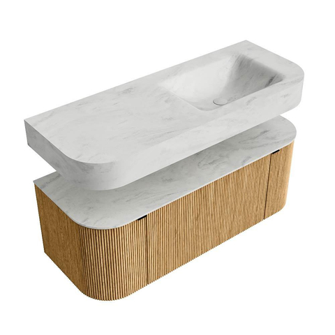MONDIAZ THOR-DLUX Meuble de salle de bains 120cm arrondi gauche + droite couleur Oak avec 1 tiroir et 2 portes. Vasque suspendue CLOUD Droite sans trou de robinet couleur Opalo. SW1463095
