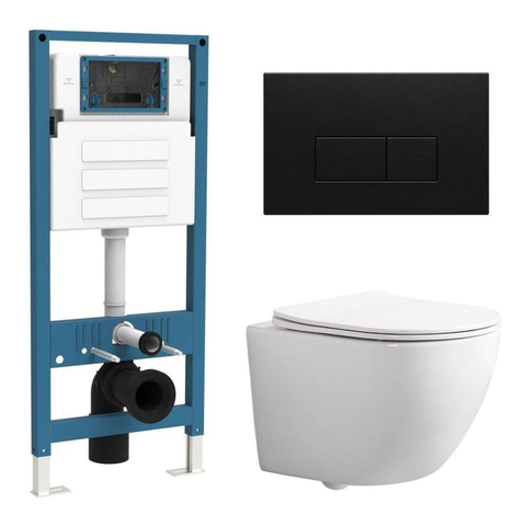 QeramiQ Dely Swirl Compact Toiletset - inbouwreservoir QeramiQ flush - slim zitting - metalen bedieningsplaat mat zwart- rechthoekige knoppen - glans wit SW1590494