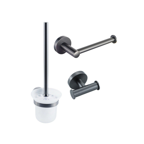 Fortifura Calvi Toiletset 3-delig - toiletrolhouder - zonder klep - toiletborstel - handdoekhaak dubbel rond - PVD - geborsteld gunmetal (antraciet) SW1248394