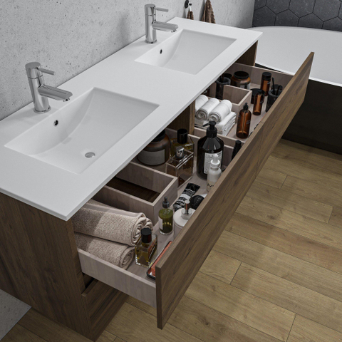 Saniclass Chaci Meuble de salle de bain - 140x46x55cm - 4 tiroirs - lavabo en céramique blanc - 2 vasques - 2 trous de robinet - noyer SW1171451