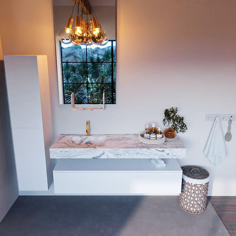 Mondiaz ALAN-DLUX Ensemble de meuble - 150cm - meuble Talc mat - 1 tiroir - Lavabo Cloud Glace suspendu - vasque Gauche - 1 trou de robinet SW805161