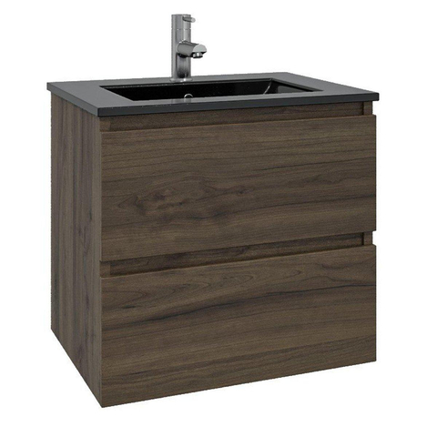 Saniclass Chaci Meuble de salle de bain - 100x45x55cm - lavabo en céramique noir mat - 1 vasque - 1 trou de robinet - 2 tiroirs - noyer SW809379
