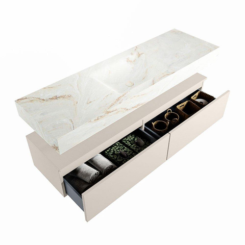Mondiaz ALAN-DLUX Ensemble de meuble - 150cm - meuble Linen mat - 2 tiroirs - Lavabo Cloud Frappe suspendu - vasque Centre - 0 trous de robinet SW804932