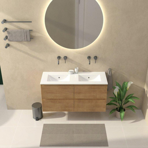 Saniclass Holz Atelier Badkamermeubelset - 120x45x62cm - Vygo keramische wastafel wit - 2 wasbakken - zonder kraangaten - 4 lades - mat eiken natural (hout) SW1437732