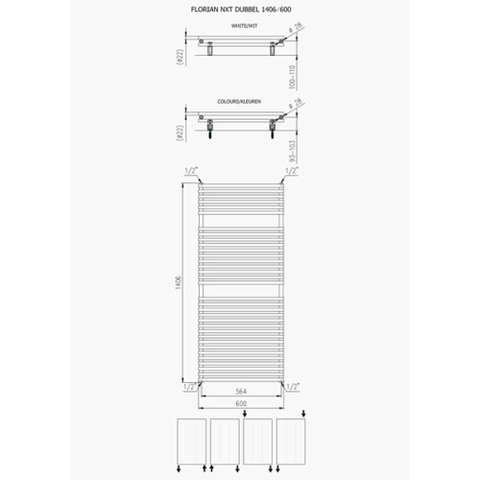 Plieger Florian Nxt designradiator dubbel horizontaal 1406x600mm 1153W wit OUTLETSTORE STORE40820