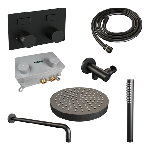 BRAUER Stripe Douche de pluie thermostatique encastrée - boutons-poussoirs - SET 26 - pomme de douche 25cm - bras mural courbé - douchette à main barre - flexible de douche - coude mural - noir mat SW1435158