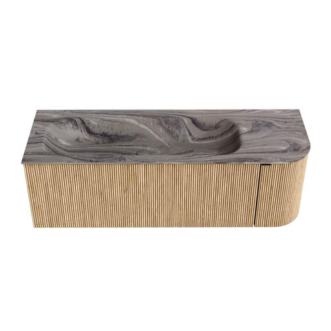 MONDIAZ KURVE-DLUX 135cm badmeubel ronding Rechts kleur Oak met 1 lade en 1 deur. Wastafel BIG MEDIUM Links 1 kraangat Sombra. SW1433563