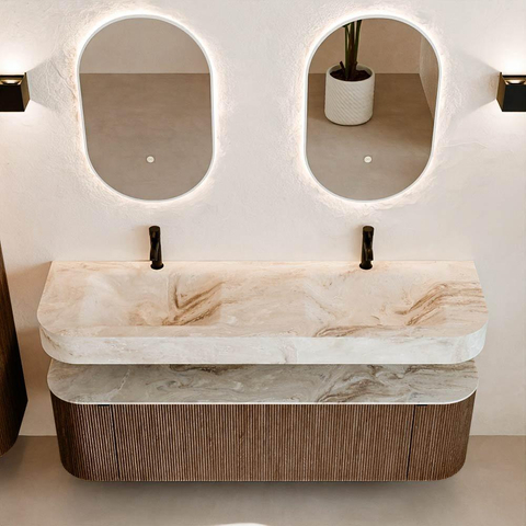 MONDIAZ THOR-DLUX 160cm meuble de salle de bains arrondi gauche + droite couleur Walnut avec 1 tiroir et 2 portes. Vasque suspendue CLOUD Double 2 trous de robinet couleur Frappe. SW1465023