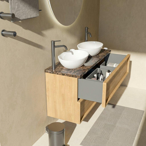 Saniclass Holz Frame Badkamermeubelset - 120x45x63cm - Noche natuurstenen topblad dark emperador - 2 kraangaten - 2 lades - mat eiken natural (hout) SW1579879