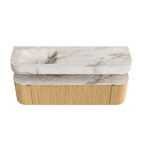 MONDIAZ THOR-DLUX 160cm badmeubel ronding links + rechts kleur Oak met 1 lade en 2 deuren. Vrijhangende wastafel CLOUD Links zonder kraangat kleur Frappe. SW1464957