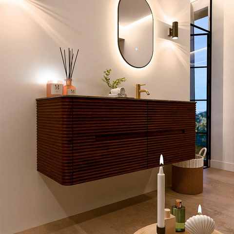 Mondiaz CIRO-DLUX Meuble de salle de bains - 130x45x50cm - Plan vasque Solid surface Oza - 1 vasque à droite - 1 trou de robinet - 4 tiroirs - Ruby SW1532141