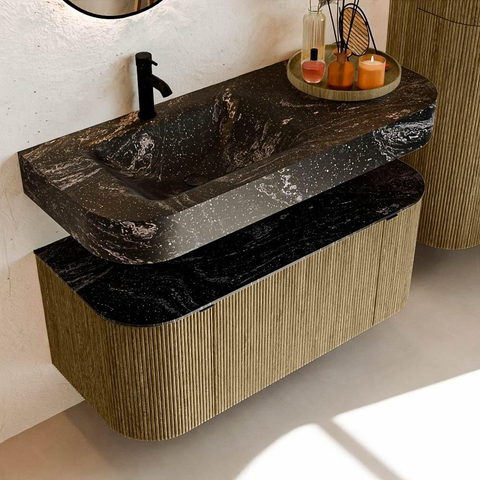 MONDIAZ THOR-DLUX Meuble de salle de bains 110cm arrondi gauche + droite couleur Dusk avec 1 tiroir et 2 portes. Vasque suspendue CLOUD Gauche 1 trou de robinet couleur Lava. SW1462878
