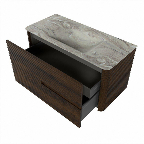 Mondiaz CIRO-DLUX Meuble de salle de bains - 100x45x50cm - Plan vasque solid surface Glace - 1 lavabo au milieu - sans trous de robinet - 2 tiroirs - Noyer SW1530240
