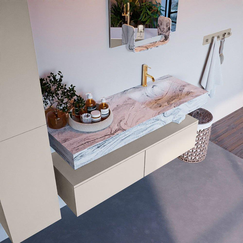 Mondiaz ALAN-DLUX Ensemble de meuble - 130cm - meuble Linen mat - 2 tiroirs - Lavabo Cloud Glace suspendu - vasque Droite - 1 trou de robinet SW805896