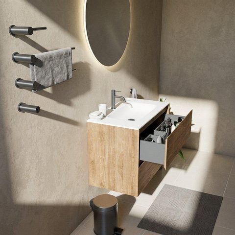 Saniclass Holz Pure Badkamermeubelset - 80x45x61.5cm - Flow solid surface wastafel wit - 1 wasbak - 1 kraangat - 2 lades - mat eiken natural (hout) SW1479073