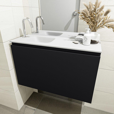 MONDIAZ OLAN Toiletmeubel 80x30x40cm met 1 kraangaten 1 lades urban mat Wastafel Lex links Solid Surface Wit SW473219