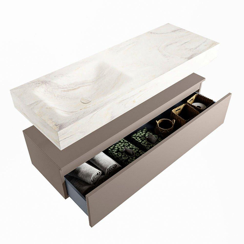Mondiaz ALAN-DLUX Ensemble de meuble - 130cm - meuble Smoke mat - 1 tiroir - Lavabo Cloud Ostra suspendu - vasque gauche - 0 trous de robinet SW807477