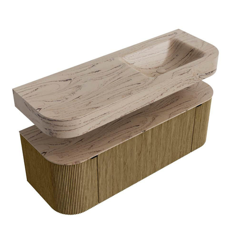 MONDIAZ THOR-DLUX 130cm meuble de salle de bains arrondi gauche + droite couleur Dusk avec 1 tiroir et 2 portes. Vasque suspendue CLOUD Droite 1 trou de robinet couleur Arena. SW1463803