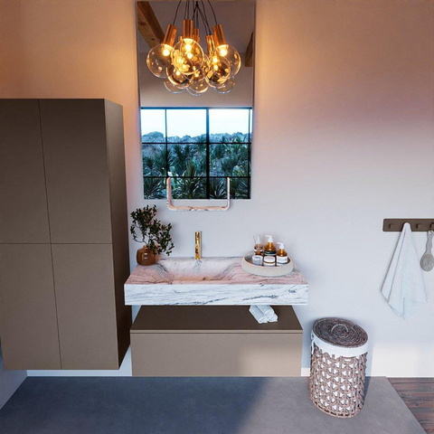 Mondiaz ALAN-DLUX Ensemble de meuble - 100cm - meuble Smoke mat - 1 tiroir - Lavabo Cloud Glace suspendu - vasque Gauche - 1 trou de robinet SW805779