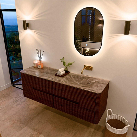 Mondiaz CIRO-DLUX Badkamermeubelset - 150x45x50cm - Solid surface wastafel Oza - 1 wasbak Rechts - zonder kraangaten - 4 lades - Ruby SW1532116