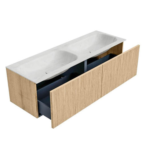 MONDIAZ KURVE-DLUX Meuble de salle de bains 140 cm couleur Oak avec 2 tiroirs. Lavabo STOR SMALL double 2 trous de robinet couleur Opalo. SW1137600