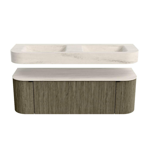 MONDIAZ THOR-DLUX 140cm meuble de salle de bains arrondi gauche + droite couleur Shadow avec 1 tiroir et 2 portes. Vasque suspendue CLOUD Double sans trou de robinet couleur Meli. SW1464406