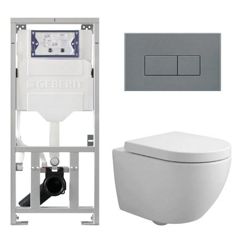 Pack WC QeramiQ Dely Swirl Compact - réservoir encastrable Geberit UP320 - avec bâti-support Burda - abattant 25 mm - plaque de commande en plastique gris clair - boutons rectangulaires - blanc mat SW1595672