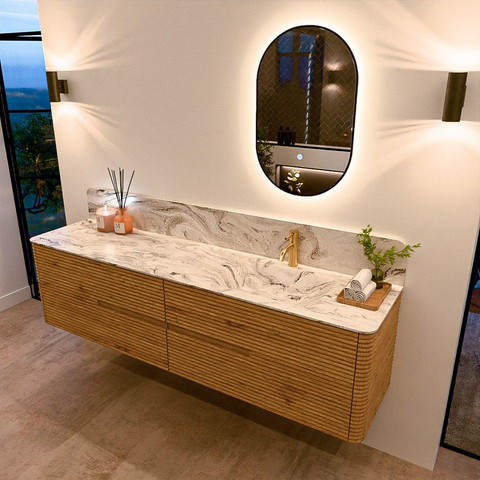 Mondiaz CIRO-DLUX Ensemble de meubles de salle de bains - 190x45x50cm - Vasque en solid surface Glace - 1 lavabo à droite - 1 trou de robinet - 4 tiroirs - Chêne SW1531078