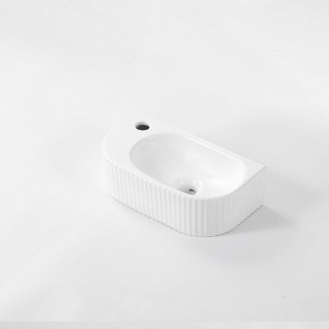 QeramiQ Fuente Ensemble de Lavabo - 40x21.5x12cm - gauche - strié - demi-rond - 1 trou de robinet - céramique - ensemble de robinet blanc mat - bouchon de vidange - siphon abaissé - blanc mat SW1233008