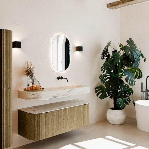MONDIAZ THOR-DLUX 130cm meuble de salle de bains arrondi gauche + droite couleur Dusk avec 1 tiroir et 2 portes. Vasque suspendue CLOUD droite sans trou de robinet couleur Nata. SW1463868