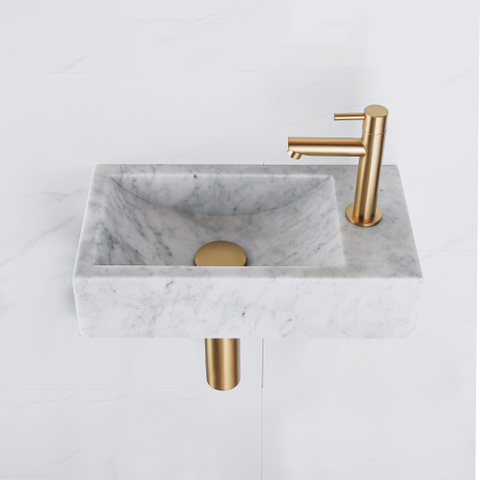 Saniclass Fuente fonteinset – rechthoekig – 40x22x10 cm – natuursteen wit – mat gouden kraan SW1111497