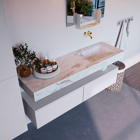 Mondiaz ALAN-DLUX Ensemble de meuble - 150cm - meuble Cale mat - 2 tiroirs - Lavabo Cloud Frappe suspendu - vasque Droite - 0 trous de robinet SW804820