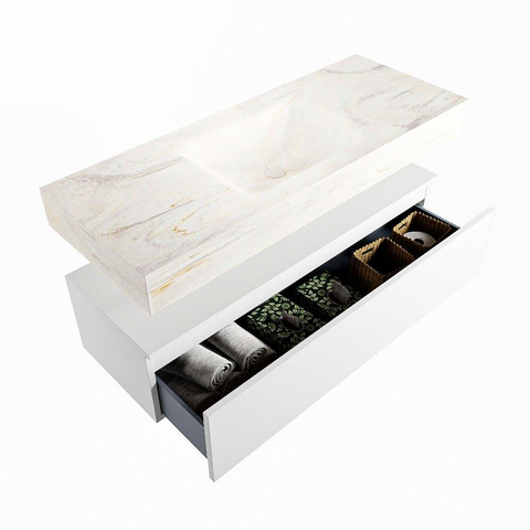 Mondiaz ALAN-DLUX Ensemble de meuble - 120cm - meuble Talc mat - 1 tiroir - Lavabo Cloud Ostra suspendu - vasque Centre - 0 trous de robinet SW806728