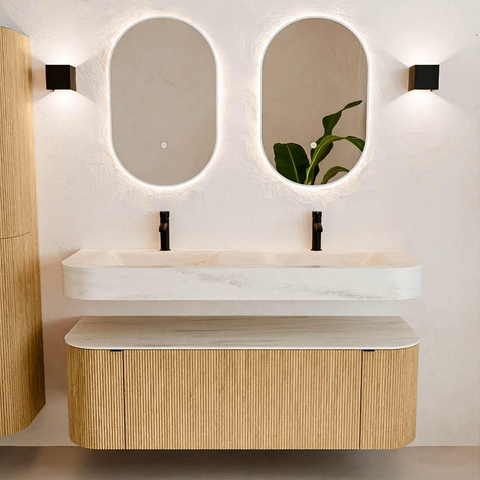 MONDIAZ THOR-DLUX 140cm meuble de salle de bains arrondi gauche + droite couleur Oak avec 1 tiroir et 2 portes. Vasque suspendue CLOUD Double 2 trous de robinet couleur Meli. SW1464409