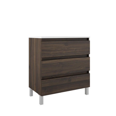 Saniclass Chaci PLUS Meuble de salle de bain - 80x86x46cm - lavabo en céramique blanc - 1 vasque - sans trous de robinet - 3 tiroirs - miroir rectangulaire - noyer (hout) SW1027209