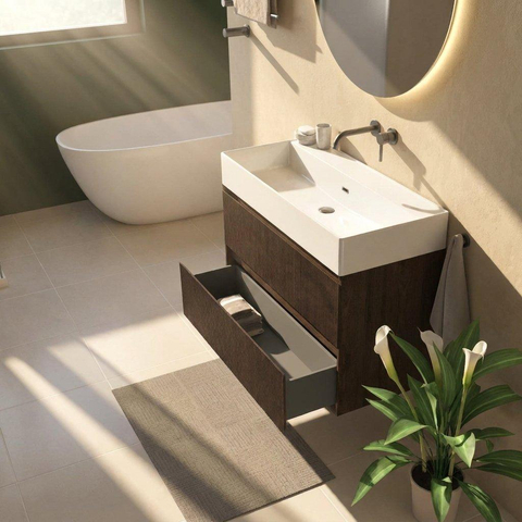 Saniclass Holz Atelier Ensemble de meubles de salle de bains - 100x45x72cm - Legend lavabo en céramique blanc - 1 vasque - sans trou de robinet - 2 tiroirs - chêne charcoal mat (bois) SW1478484