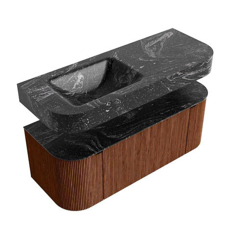 MONDIAZ THOR-DLUX 120cm meuble de salle de bains arrondi gauche + droite couleur Ruby avec 1 tiroir et 2 portes. Vasque suspendue CLOUD Gauche sans trou de robinet couleur Lava. SW1463090