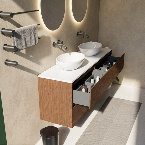 Saniclass Holz Pure Badkamermeubelset - 160x45x62.5cm - Torino solid surface topblad wit - zonder kraangat - 4 lades - mat walnut pure (hout) SW1478833
