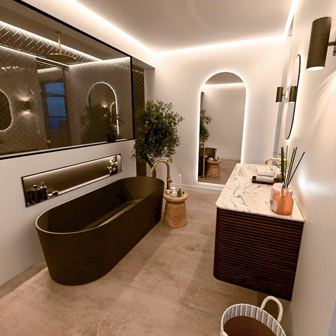 Mondiaz CIRO-DLUX Ensemble de meubles de salle de bains - 140x45x50cm - vasque solid surface Glace - 1 bassin à gauche - sans trous de robinet - 4 tiroirs - Noyer SW1530265