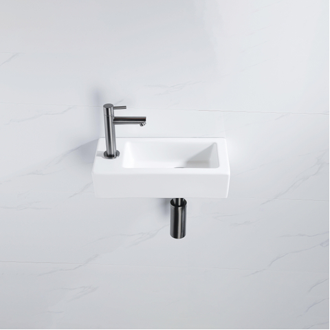 QeramiQ Fuente pack lave-mains – 37,5 x 18,5 x 9 cm – céramique blanc mat – perçage à gauche – robinet gunmetal brossé SW1232762