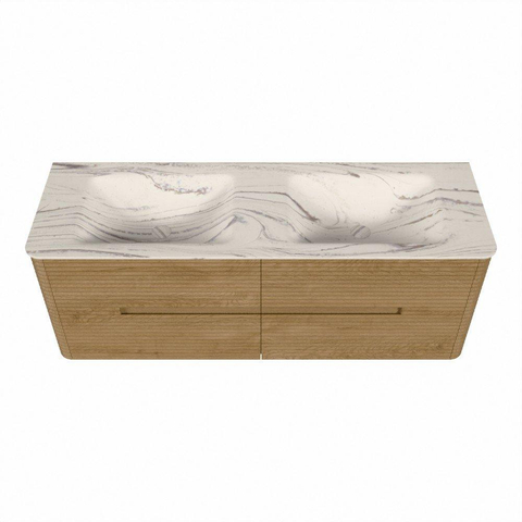 Mondiaz CIRO-DLUX Meuble de salle de bains - 140x45x50cm - Vasque solid surface Nata - 2 bassins Double - sans trous de robinetterie - 4 tiroirs - Chêne SW1531464