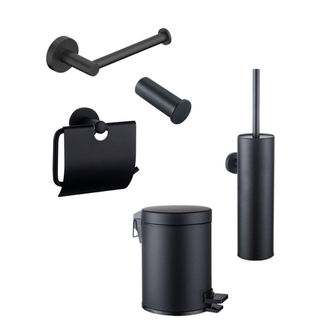 FugaFlow Eccelente Ensemble accessoires toilettes 5 pièces - porte-rouleau de papier toilette - porte-rouleau de réserve - porte-brosse WC - crochet porte-serviette - poubelle à pédale - noir mat SW1450719