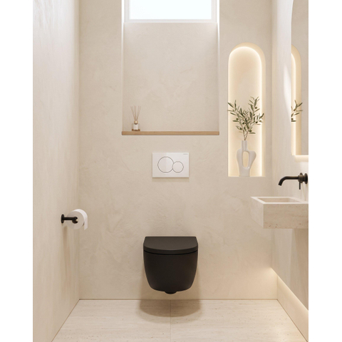 QeramiQ Dely Swirl Pack WC - 36.5x53cm - réservoir encastré Geberit UP320 - 35mm Abattant WC - plaque de déclenchement sigma blanche - boutons ronds - noir mat SW1138622