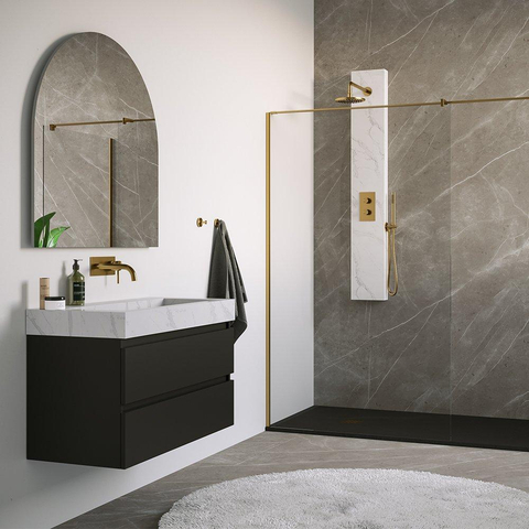 BRAUER Gold Edition panneau de douche thermostatique - 2 fonctions - calacatta gold SET 01 - douche de tête 20 cm - bras mural courbé - douchette barre - coude de raccordement mural - flexible de douche - or brossé PVD SW925648