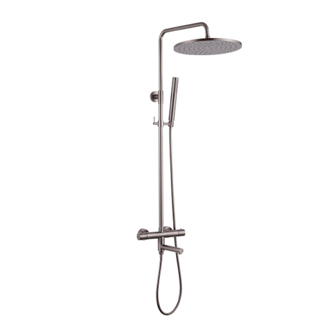 Fortifura Calvi Regendoucheset - thermostatisch - 30cm hoofddouche - metalen slang - staaf handdouche - draaibare baduitloop - Geborsteld Gunmetal PVD SW1592486