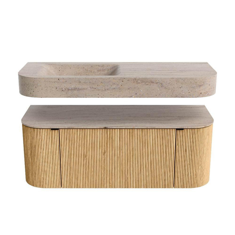 MONDIAZ THOR-DLUX 120cm badmeubel ronding links + rechts kleur Oak met 1 lade en 2 deuren. Vrijhangende wastafel CLOUD Links zonder kraangat kleur Saba. SW1463422