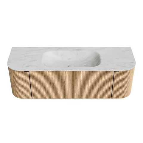 MONDIAZ KURVE-DLUX meuble de salle de bains 140 cm avec module 25 Len R couleur Chêne avec 1 tiroir et 2 portes. Vasque BIG SMALL centrale sans trou de robinet couleur Opalo. SW1137547