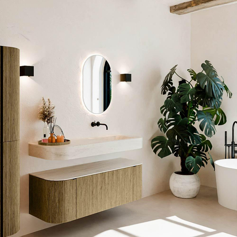 MONDIAZ THOR-DLUX 130cm meuble de salle de bains arrondi gauche + droite couleur Dusk avec 1 tiroir et 2 portes. Vasque suspendue CLOUD Droite sans trou de robinet couleur Meli. SW1463798
