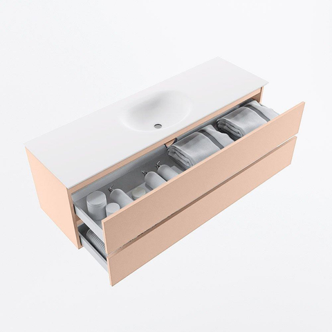 MONDIAZ VICA Ensemble meuble de salle de bains - 150cm - meuble bas rosee - 2 tiroirs - vasque moon centrale - 1 trou de robinet - version haute 60cm - talc SW1080388