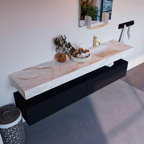 Mondiaz ALAN-DLUX Ensemble de meuble - 200cm - meuble Urban mat - 2 tiroirs - Lavabo Cloud Frappe suspendu - vasque Droite - 1 trou de robinet SW804688